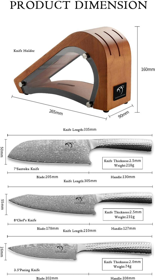 Damascus Knife Set with Block for Kitchen, 7-Piece VG10 Damascus Steel Kitchen Knife Set with Triple-Rivet Handles, Chef, Bread & Santoku Knives, Shears, Natural Wooden Block