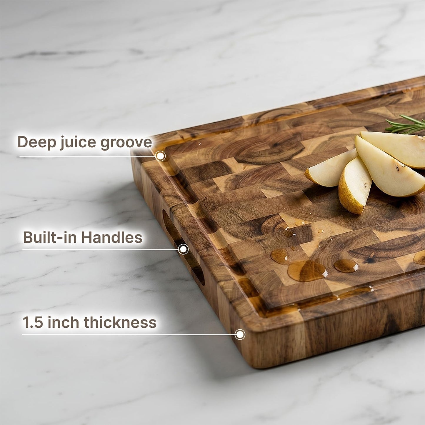 Koppen Acacia Wood End Grain Cutting Board, Knife-Friendly Butcher Block with Juice Groove, Inner Handles, Food Well, Reversible Heavy-Duty Serving & Chopping Board, Gift Box Included, 17 x 13 x 1.5in