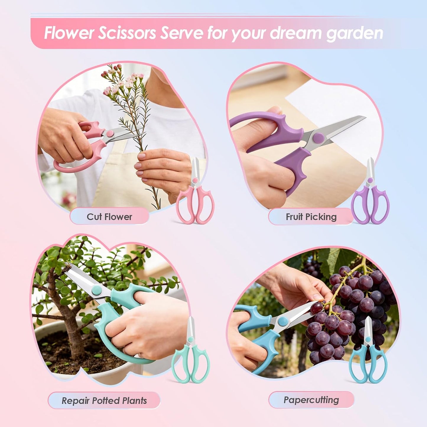 4PCS Flower Scissors, Stainless Steel Floral Scissors, Garden Pruning Shears with Comfort Grip Handle, Perfect for Arranging Flowers, Pruning, Trimming Plants, Gardening Tool