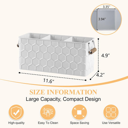 Silverware Caddy for Party Kitchen Flatware Holder for Countertop Metal White Honeycomb Pattern Embossed Cutlery Organizer with 3 Compartments for Utensils, Spoons, Knives, Forks, Cups,