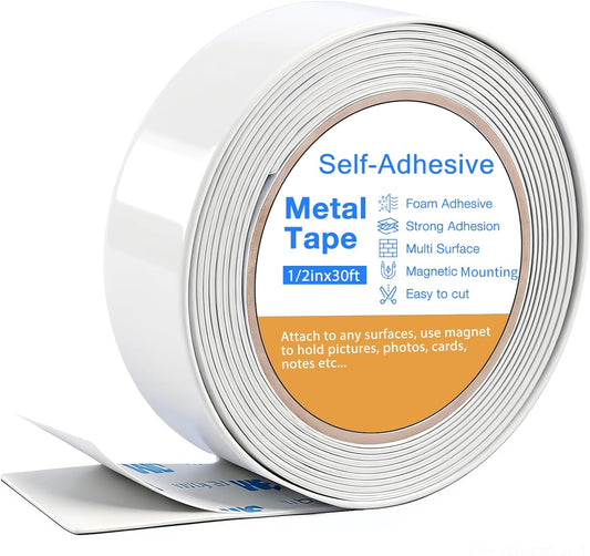 Bendable Adhesive Metal Strip for Magnets, (1 inch Wide X 15 ft Long) Flexible White Metal Tape Roll, White Ferrous Tape Stick on Wall to Hold Magnetic Products