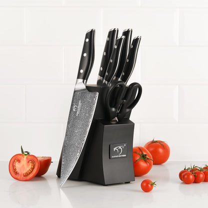 Damascus Knife Set with Block for Kitchen, 7-Piece VG10 Damascus Steel Kitchen Knife Set with Triple-Rivet Handles, Chef, Bread & Santoku Knives, Shears, Natural Wooden Block