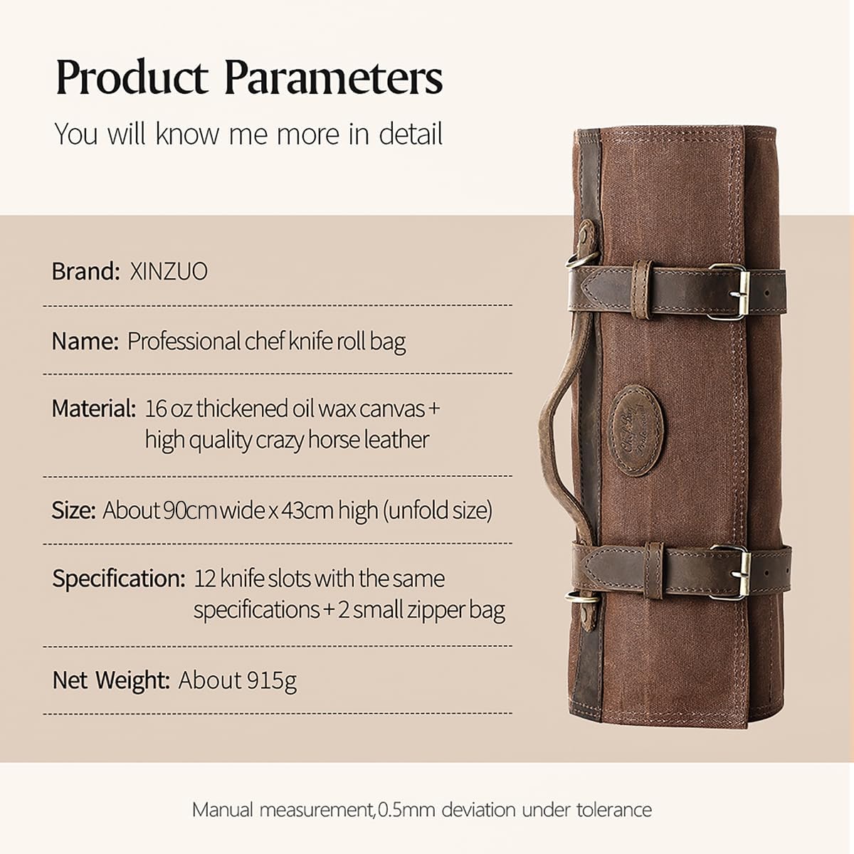 XINZUO Chef Knife Roll Bag Professional,16oz Waxed Canvas and Crazy Horse Leather,12 Slots Plus 2 Zipper Pockets,Adjustable Shoulder Strap-Travel Tool Roll Pouch(Bag Only)