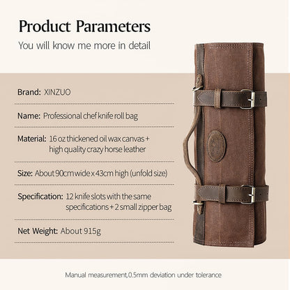 XINZUO Chef Knife Roll Bag Professional,16oz Waxed Canvas and Crazy Horse Leather,12 Slots Plus 2 Zipper Pockets,Adjustable Shoulder Strap-Travel Tool Roll Pouch(Bag Only)