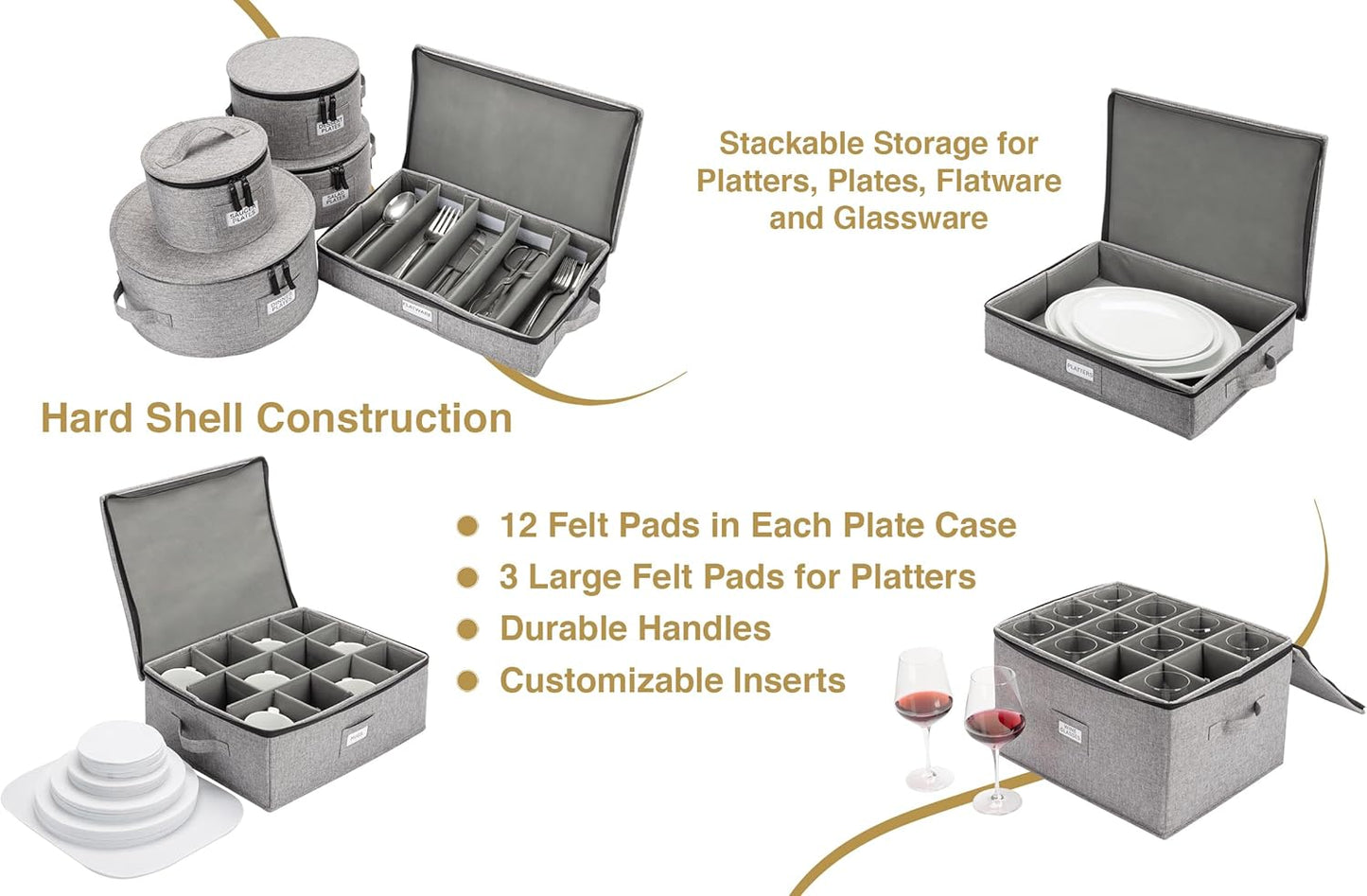Flatware Storage Case with 5 Adjustable Compartments - Tableware Utensil Chest with Carrying Handles - Protects and Organizes Cutlery and Silverware - Hard Shell and Stackable