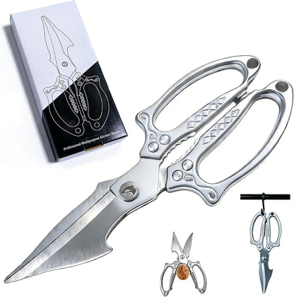 Multifunctional Heavy-Duty Kitchen Shears, Japanese Stainless Steel Kitchen Scissors, Ultra Sharp Poultry Shears for Chicken, Meat, Vegetables, Nut Cracker Opener (Silver)
