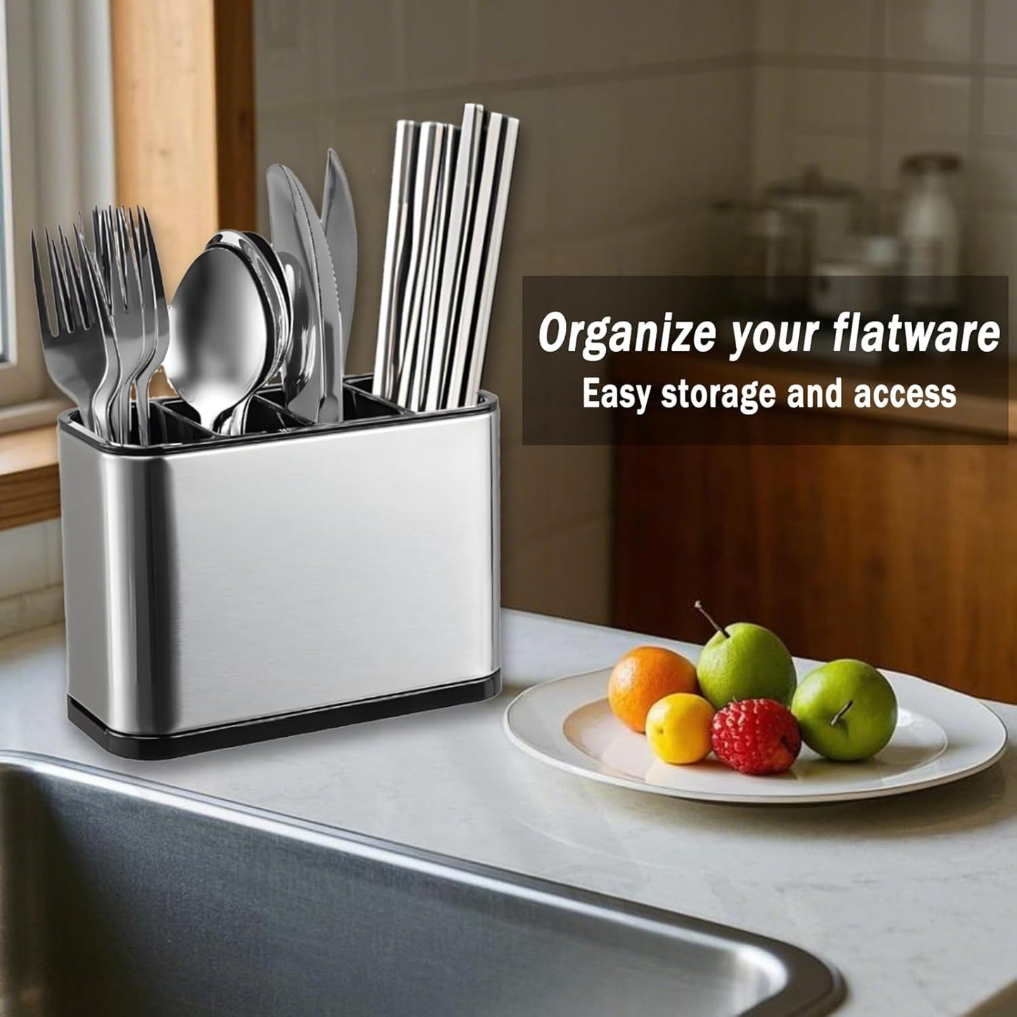 Universal Knife Block, 3-in-1 Stainless Steel Knife Holder and Utensil Holder, Extra Stable Non-Slip Base Kitchen Organizer for Countertop Storage, Space Saving Caddy for Knives, Spoons, Fork