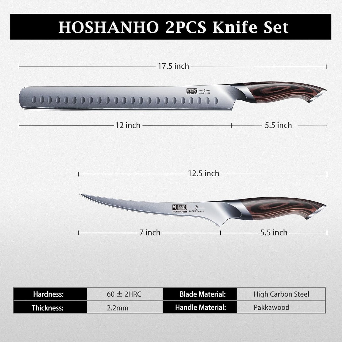 HOSHANHO 8 Inch Carving Knife & 7 Inch Fork Set, Professional Japanese High Carbon Steel Razor Sharp Butcher Brisket Slicing Knife Set for Meat Cutting, BBQ