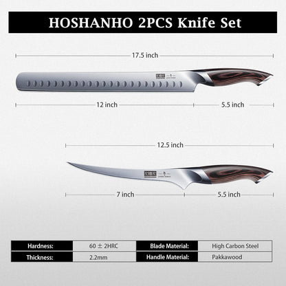 HOSHANHO 8 Inch Carving Knife & 7 Inch Fork Set, Professional Japanese High Carbon Steel Razor Sharp Butcher Brisket Slicing Knife Set for Meat Cutting, BBQ