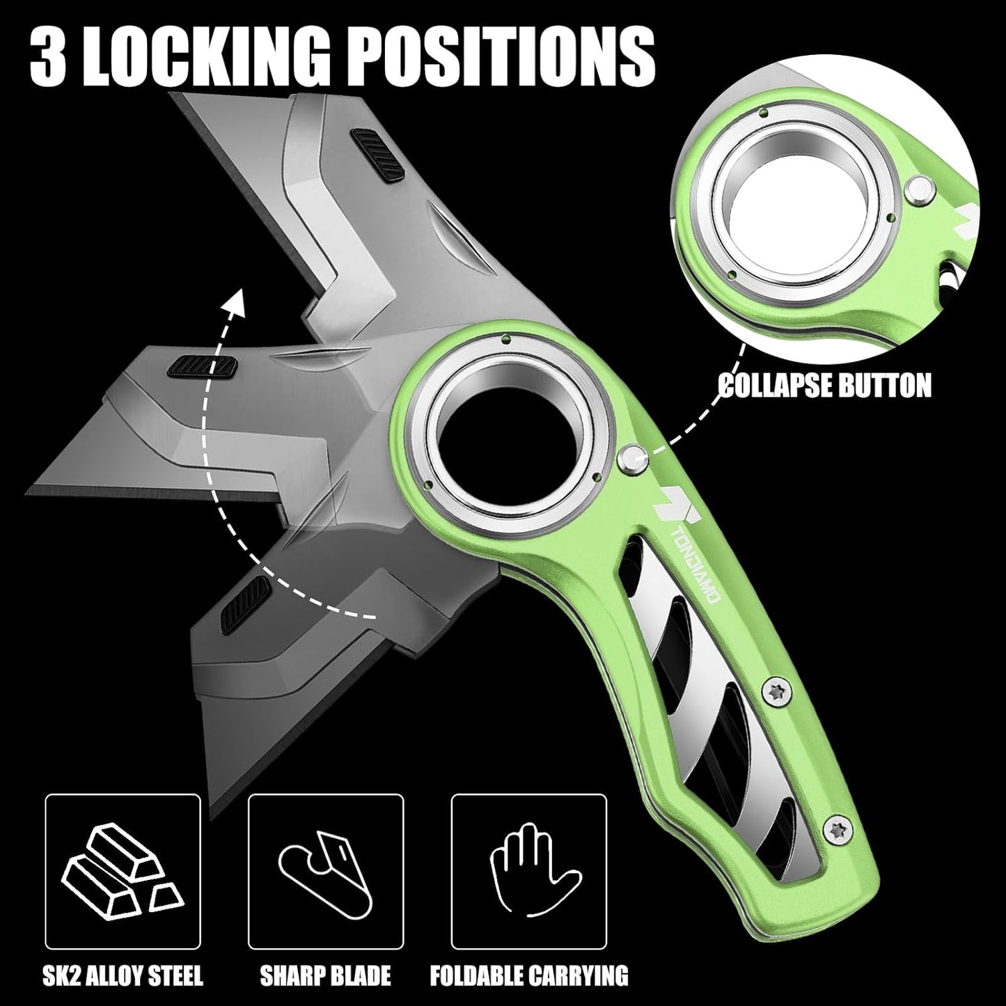 Tondiamo 4 Pcs Folding Pocket Utility Knife Heavy Duty Box Cutter Folding Razor Knife with Anti Slip Finger Loop Easy Change Blades 3 Lock Positions Design (Yellow,Red,Black,Green)