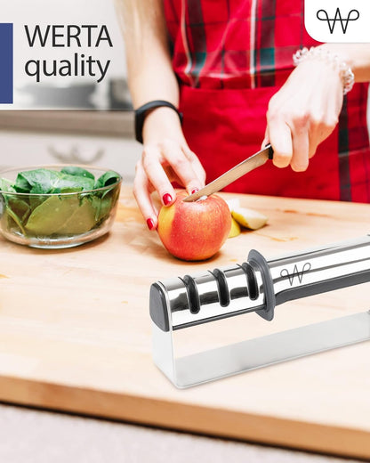 WERTA Knife Sharpener Stainless Steel - 3-Stage Knife Sharpening - Ideal for Chef Knife & Kitchen Knive - Left & Right-Handed Use - Premium Quality