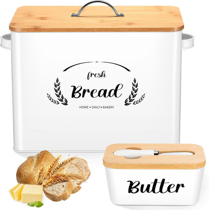 Qinyoung 2 Pcs Large Bread Box Set for Kitchen Countertop with Ceramic Butter Dish Holder Bamboo Lid Knife Metal Bread Holder Farmhouse Kitchen Storage Container for Home Housewarming Gift(Grey)