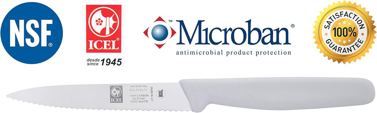 ICEL 4 Inch Paring Knife, Serrated Edge, High Carbon German Stainless Steel razor Sharp Blade, White Handle