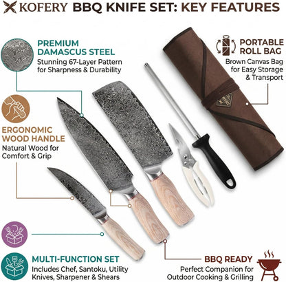 KOFERY Damascus Steel Butcher Knife Set with Full Tang Blades for Pit Master BBQ Meat Carving, Smoking Meat & Game Processing with Canvas Knife Roll for Camping, Gift for Men
