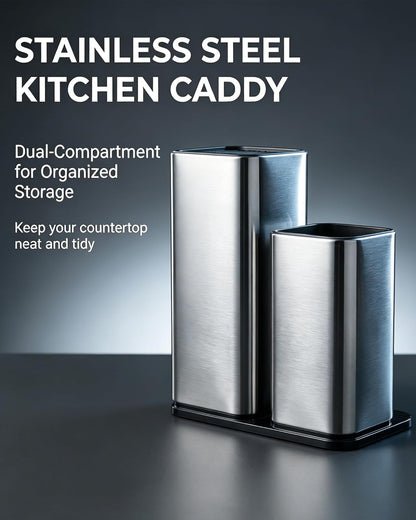 Universal Knife Block, 3-in-1 Stainless Steel Knife Holder and Utensil Holder, Extra Stable Non-Slip Base Kitchen Organizer for Countertop Storage, Space Saving Caddy for Knives, Spoons, Fork
