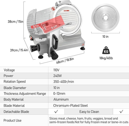 OKF Meat Slicer, 10 Inch Commercial Meat Slicer, 240W Meat Slicer Machine, Heavy-Duty Slicer Machine, Premium Chromium-plated Steel Blade, Deli Slicer for Meat, Cheese, Semi-Frozen Foods