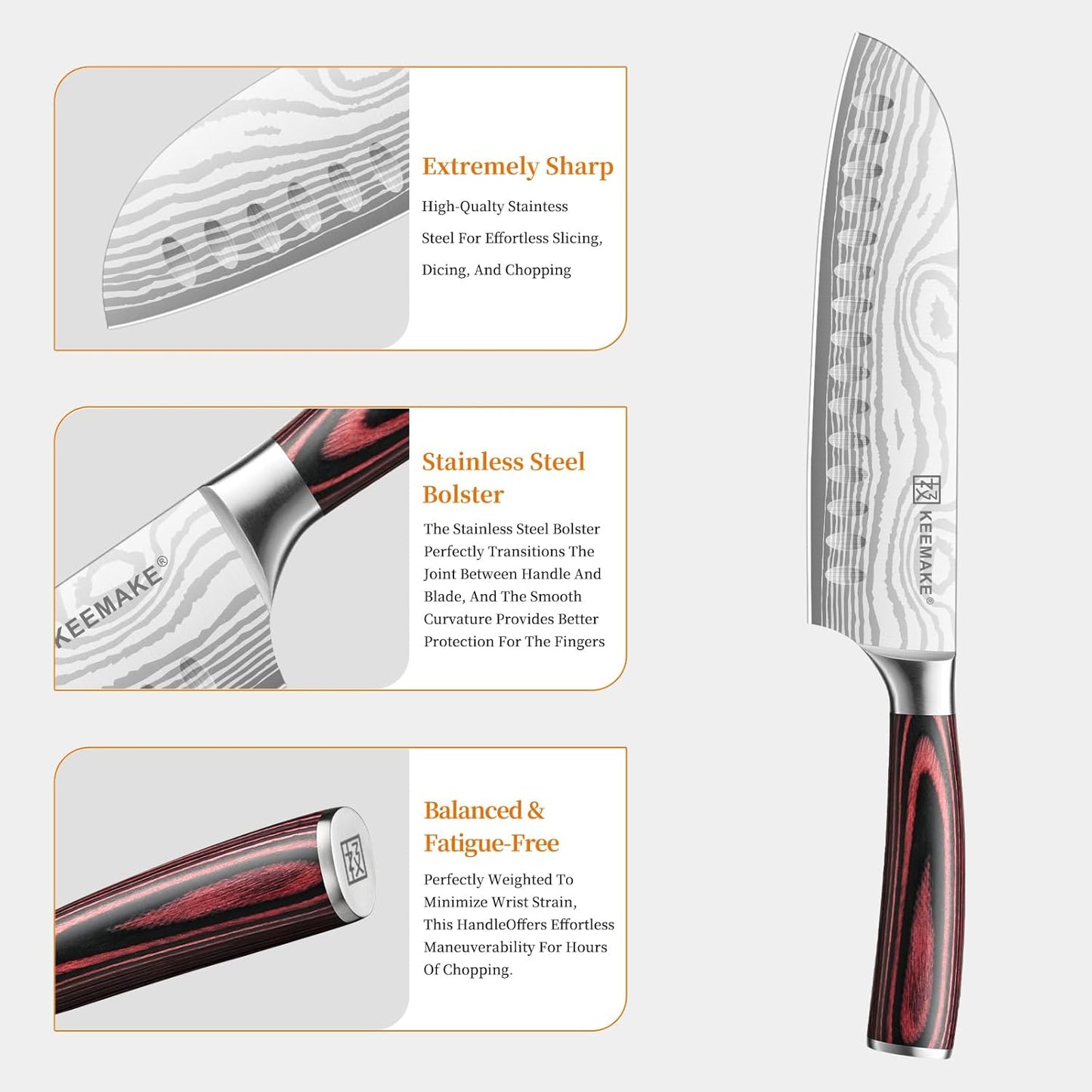 KEEMAKE Santoku Knife - 7 Inch High Carbon Japanese Chefs Knife with Ergonomic Pakkawood Handle and Sheath, Gifts for Mom or Dad, Kitchen Gadgets with Gift Box, Father Day Gifts