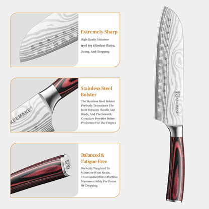 KEEMAKE Santoku Knife - 7 Inch High Carbon Japanese Chefs Knife with Ergonomic Pakkawood Handle and Sheath, Gifts for Mom or Dad, Kitchen Gadgets with Gift Box, Father Day Gifts