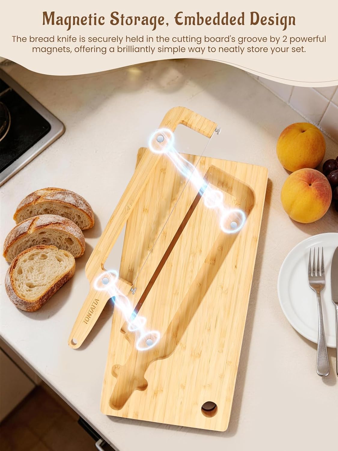 Sourdough Bread Bow Knife & Cutting Board Set with Thickness Guide, Adjustable & Magnetic Storage Ambidextrous Bread Slicer for Homemade Bread - Bamboo