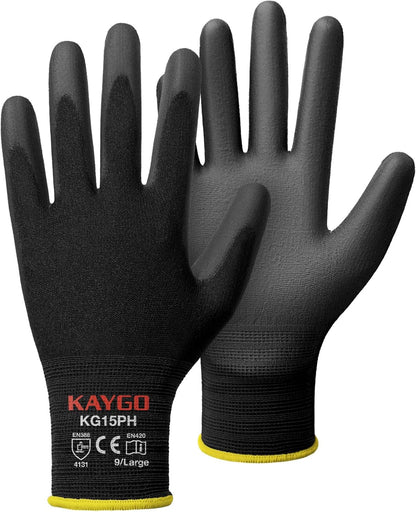 KAYGO Ultra Thin PU Coated Safety Work Gloves, 12 Pairs Nylon Knit, High Dexterity Anti-Slip Breathable Light Duty Gloves for Precision, Warehouse, DIY & Electronics (L,Gray)
