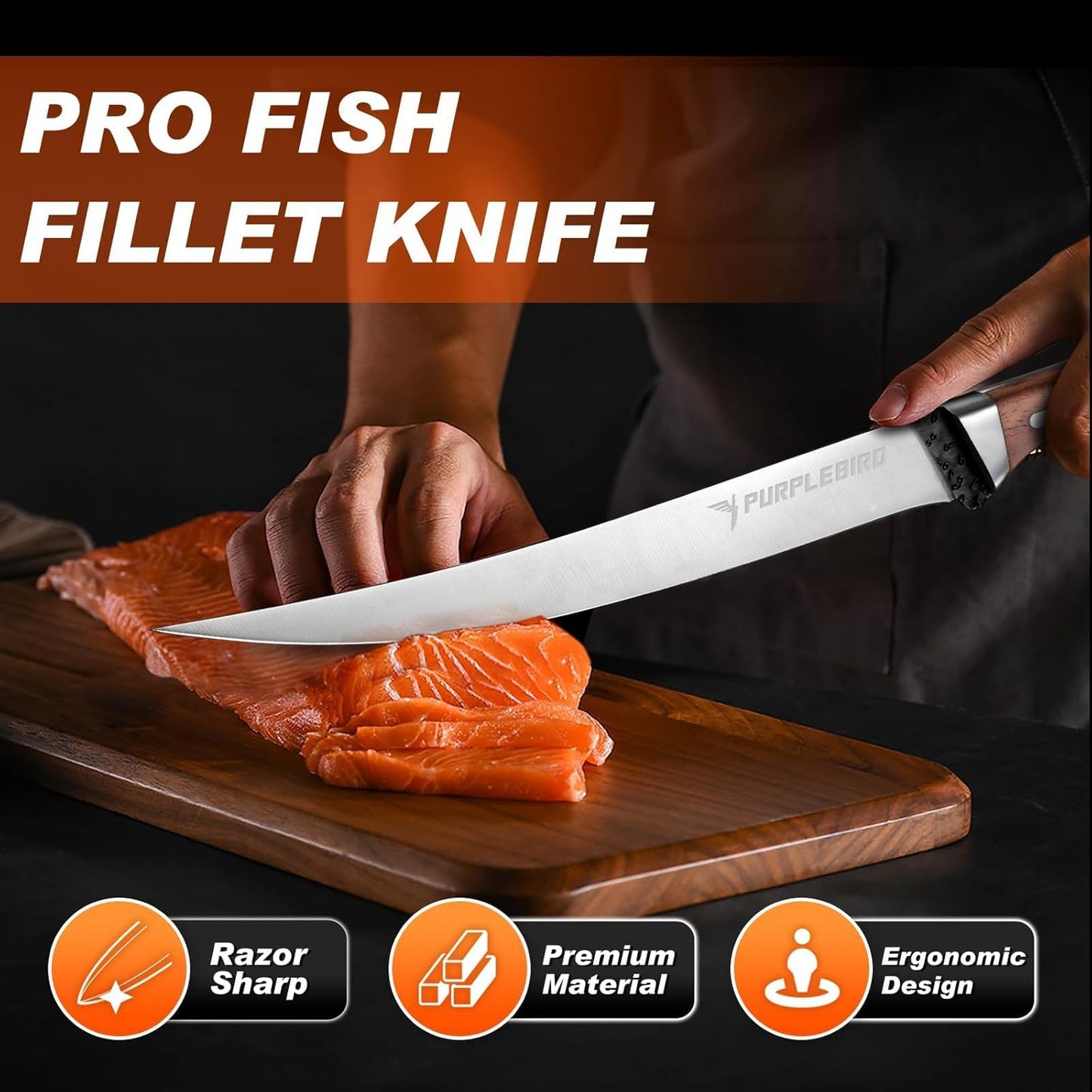 PURPLEBIRD Fillet Knife for Fish 9" with Sheath, 440C Stainless Steel Boning Knife for Meat Cutting with Wood Handle, Fish Fillet KnivesKitchen & Outdoor for Fishing, Hunting, BBQ, Christmas Gifts