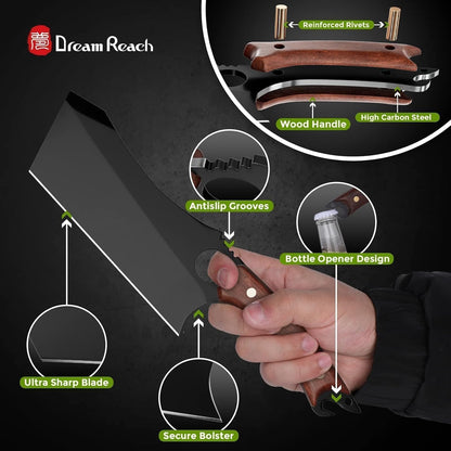 Dream Reach Meat Cleaver, 6.9 inch Black Boning Knife, High Carbon Steel Sharp Kitchen Forged In Fire Knife with Sheath Gift Box Bottle Opener for Outdoor Camping, Christmas Gifts for Men Women