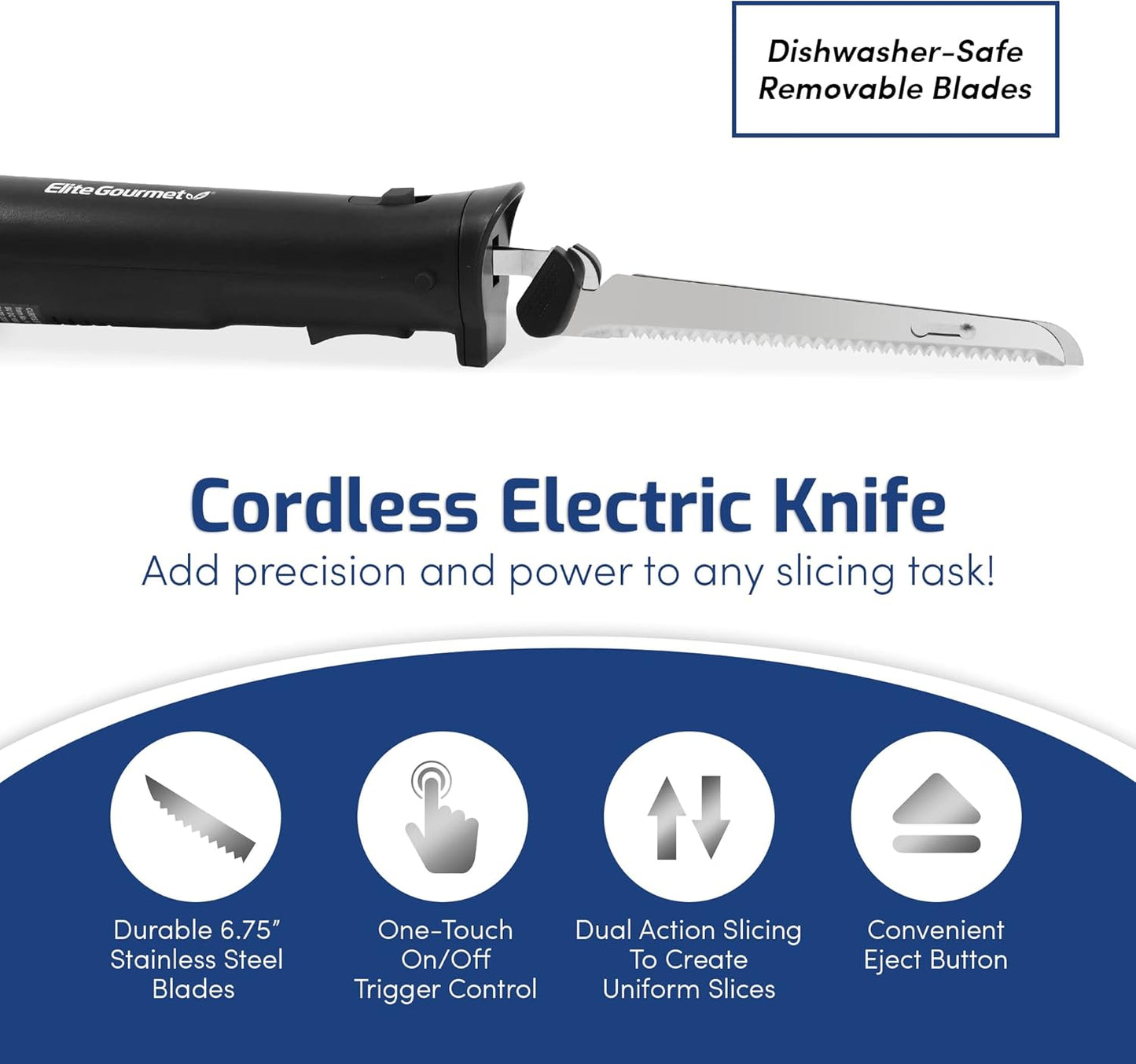 Elite Gourmet EK9810 Professional Cordless Rechargeable Easy-Slice Electric Knife with 4 Serrated Blades and Safety Lock Trigger Release, Carving Meats, Poultry, Bread, Black
