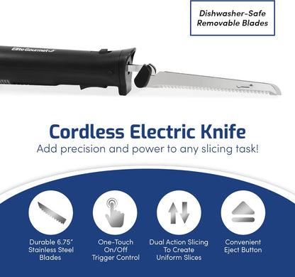 Elite Gourmet EK9810 Professional Cordless Rechargeable Easy-Slice Electric Knife with 4 Serrated Blades and Safety Lock Trigger Release, Carving Meats, Poultry, Bread, Black