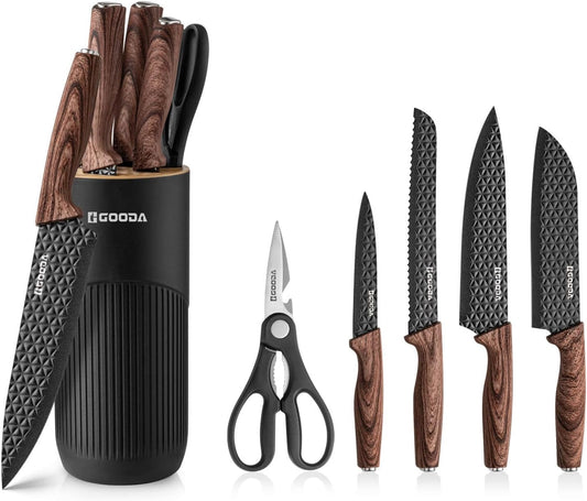 GOODA Kitchen Knife Set With Block,6-Piece Professional Chef Cooking Knives Set For Kitchen,Non-Stick Stainless Steel Knife Block Set