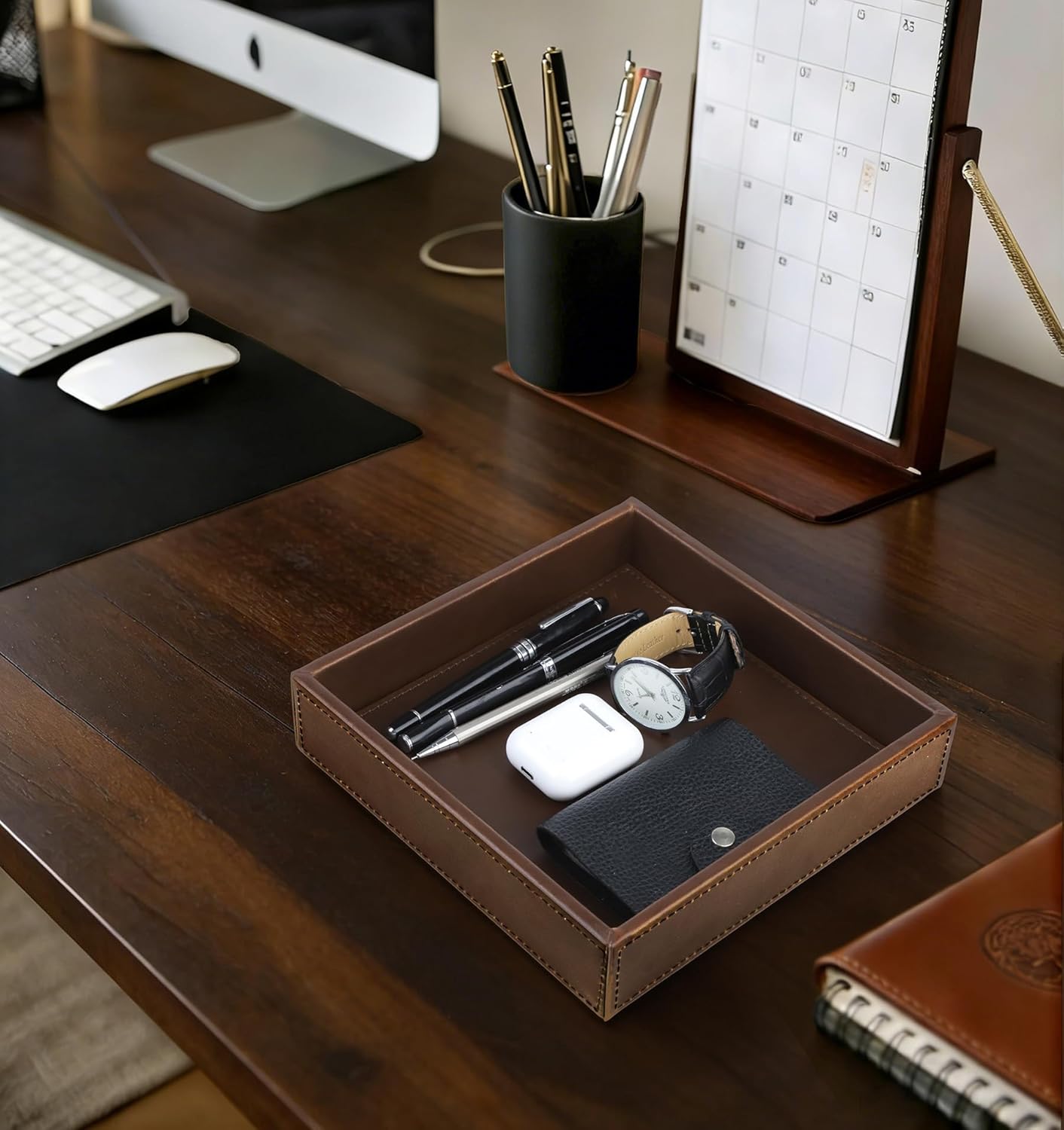 HofferRuffer Faux Leather Vanity Tray, Elegant Desktop Storage Organizer, Decorative Catchall for Perfume, Bathroom Valet, Nightstand or Dresser, 10.2 x 8.4 x 1.8 inches (Grey Stripe)
