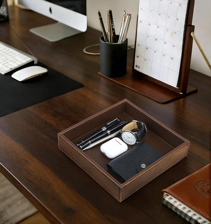 HofferRuffer Faux Leather Vanity Tray, Elegant Desktop Storage Organizer, Decorative Catchall for Perfume, Bathroom Valet, Nightstand or Dresser, 10.2 x 8.4 x 1.8 inches (Grey Stripe)