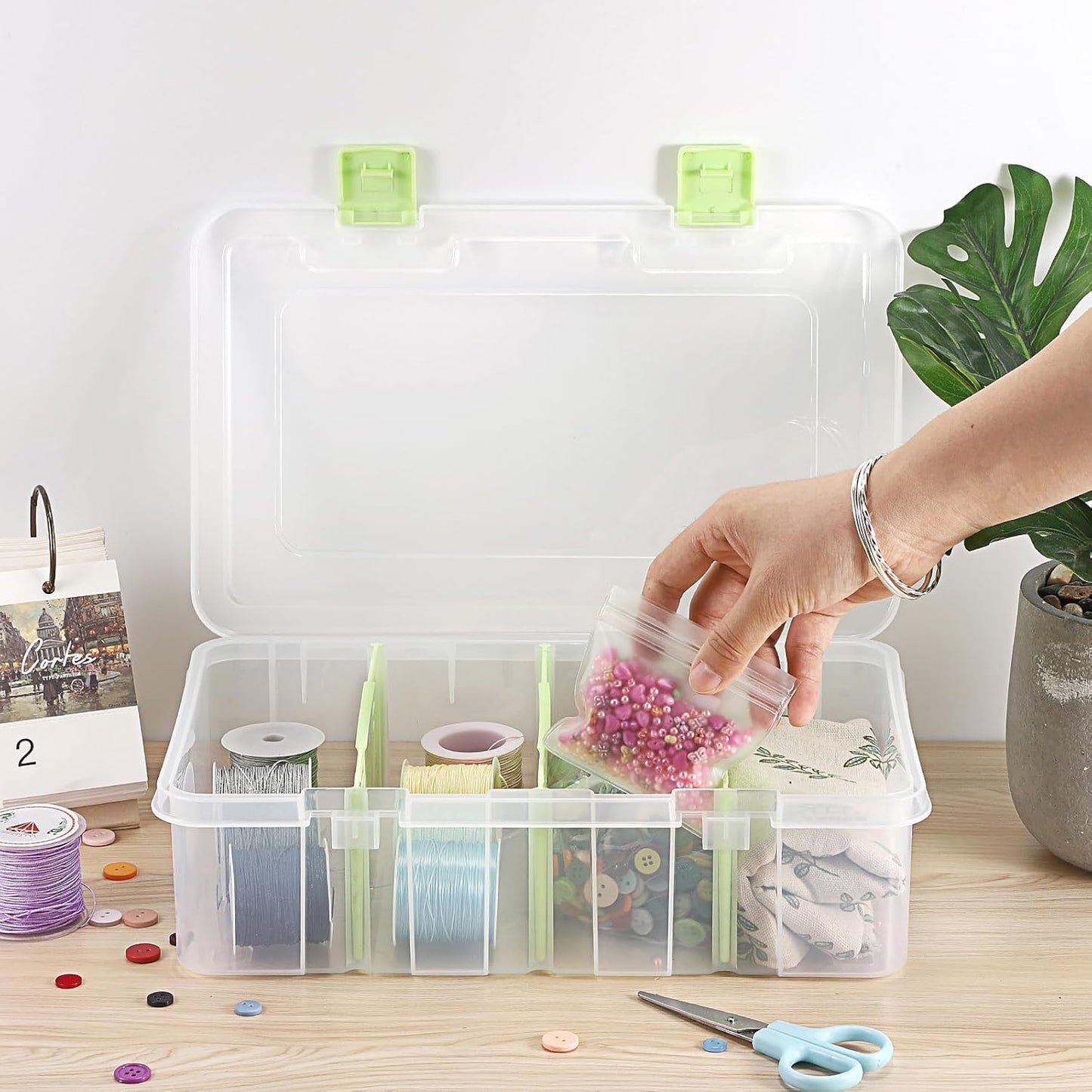 BTSKY Clear Plastic Dividing Storage Box with 4 Compartments Adjustable Storage Bin with Lid Plastic Craft Storage Container Multipurpose Sewing Box Art Supply Organizer, 13.3x8.1x3.4 Inches