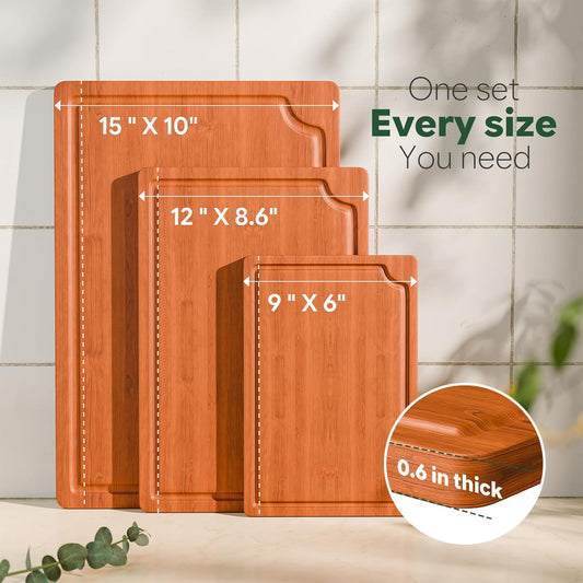 Simple Trending Bamboo Cutting Boards for Kitchen, Durable Chopping Boards with Deep Juice Grooves, Set of 3 Butcher Block for Meat, Vegetables and Fruits