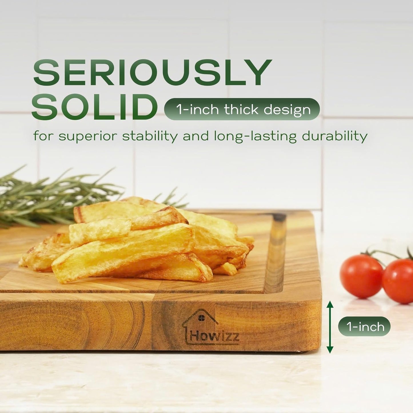 Howizz Acacia Wood Large Cutting Board, Thick End Grain Solid Wood Butcher Block For Kitchen, Non Toxic Pre-Oiled Carving Tray w/Juice Grooves and Easy Grip Handle, 20"x15"x1" (Gift-Ready Box)