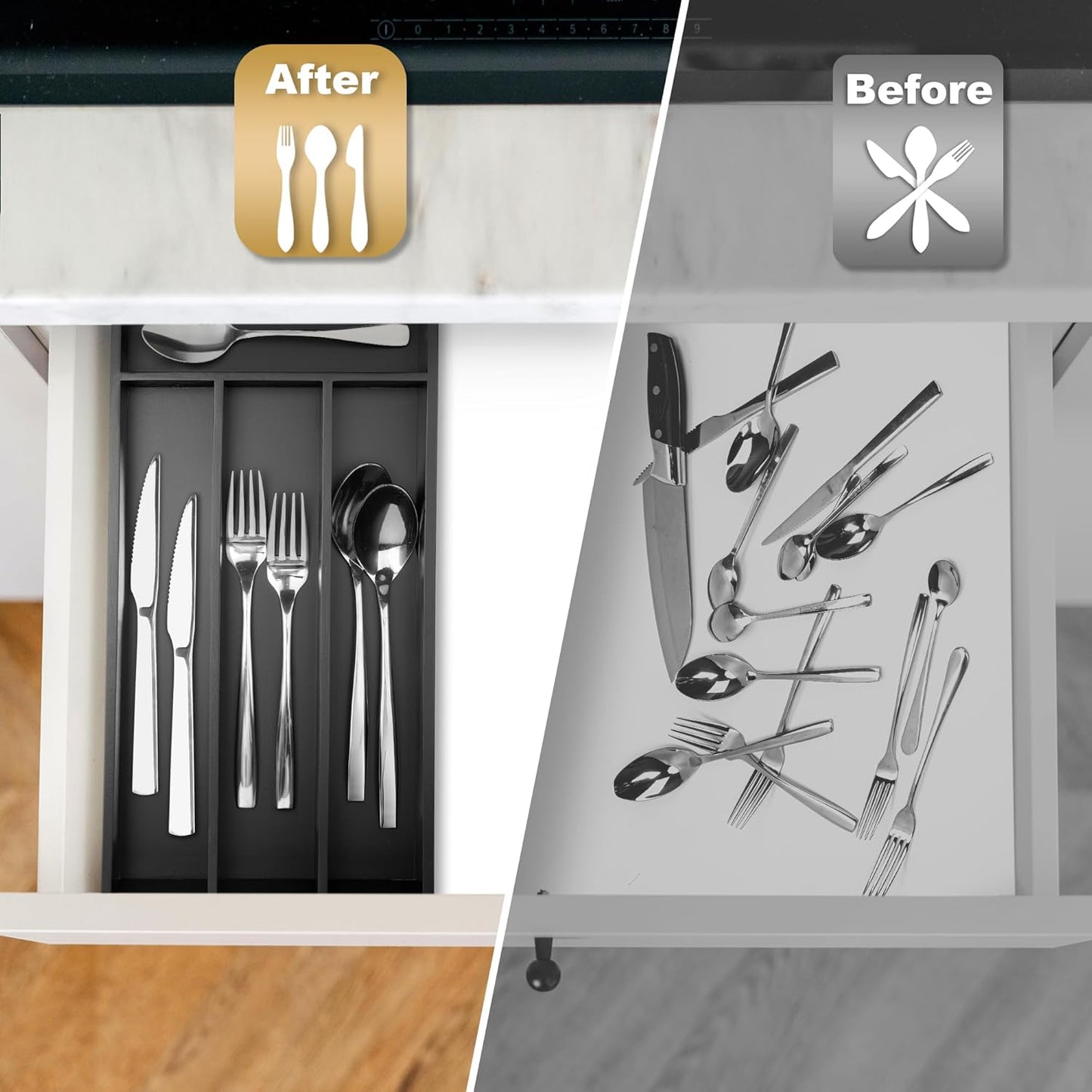 Silverware Organizer Bamboo Kitchen Drawer Organizer Utensil Organizer Silverware Holder Cutlery Organizer in drawer Flatware Organizer Tray (Black 5 Slots)