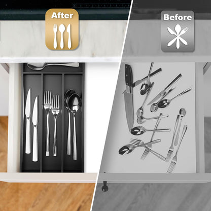 Silverware Organizer Bamboo Kitchen Drawer Organizer Utensil Organizer Silverware Holder Cutlery Organizer in drawer Flatware Organizer Tray (Black 5 Slots)