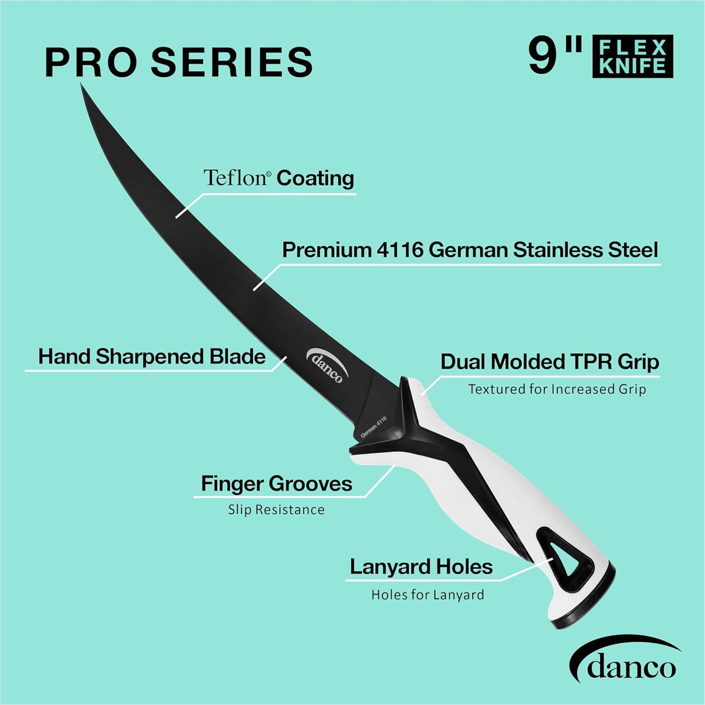 danco Pro Series 5" Fillet Knife | Full Tang German G4116 Stainless-Steel Blades with Teflon Coating, Molded Nylon Sheath, Perfect for Saltwater Fishing & Hunting