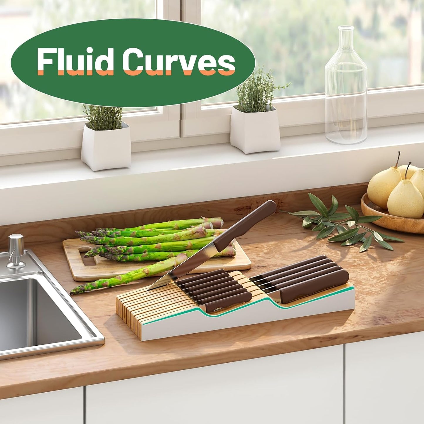 Knife Drawer Organizer Insert, Bamboo Wood Knife Holder, Knife Block Holds Up To 11 Knives