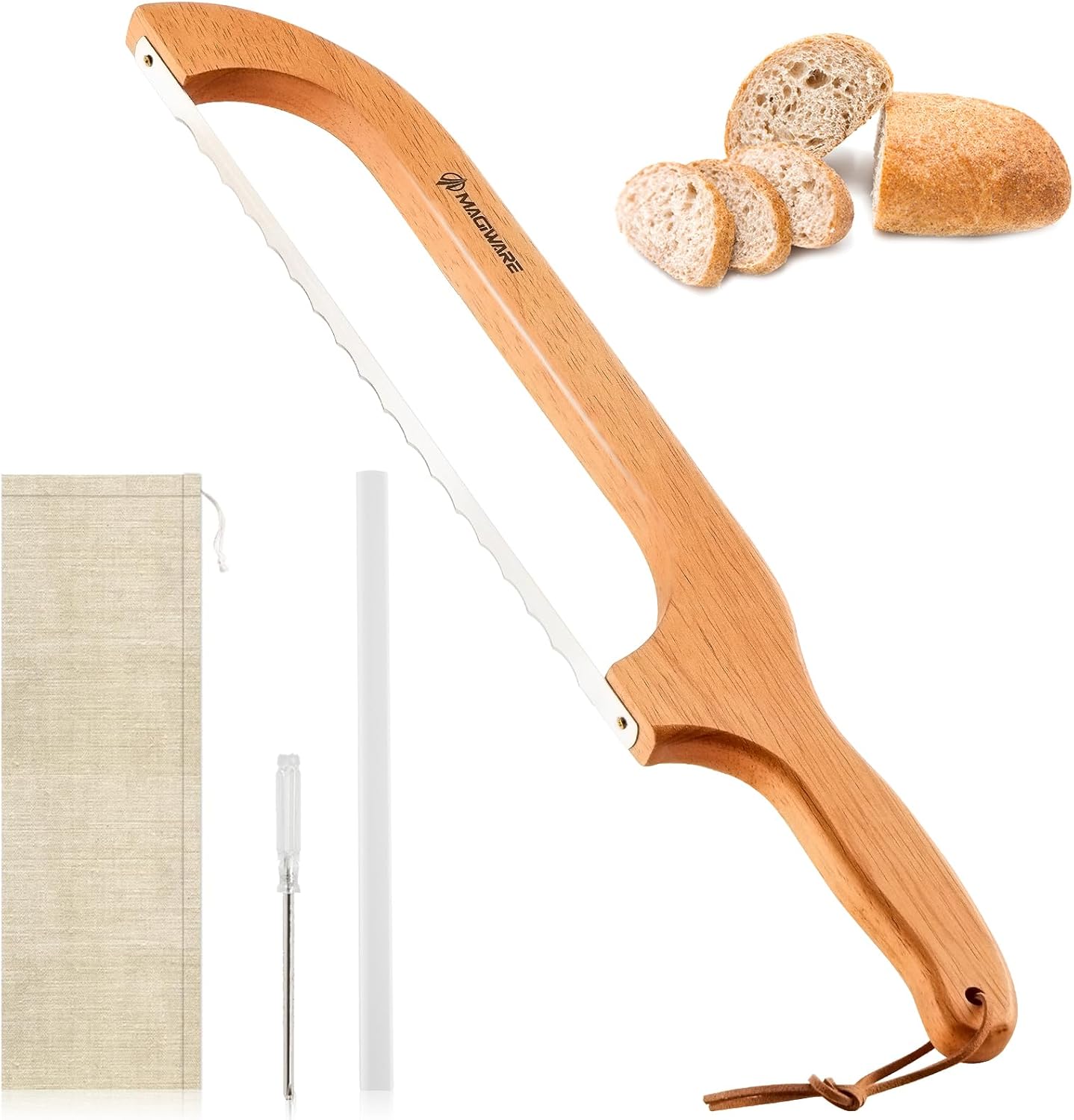 Magiware Bread Slicer Knife for Homemade Bread, Wooden Sourdough Bread Knife Cutter for Slicing, Serrated Bread Bow Knife Bread Saw Tool, Kitchen Baking Supplies (Acacia)