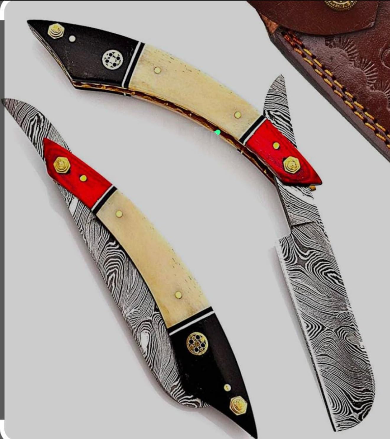 Professional Straight Razor with Leather Strop - Straight Edge Barber Razor Premium for Men & Women Stylish (Damascus Steel Blade) (Red, White & Black)
