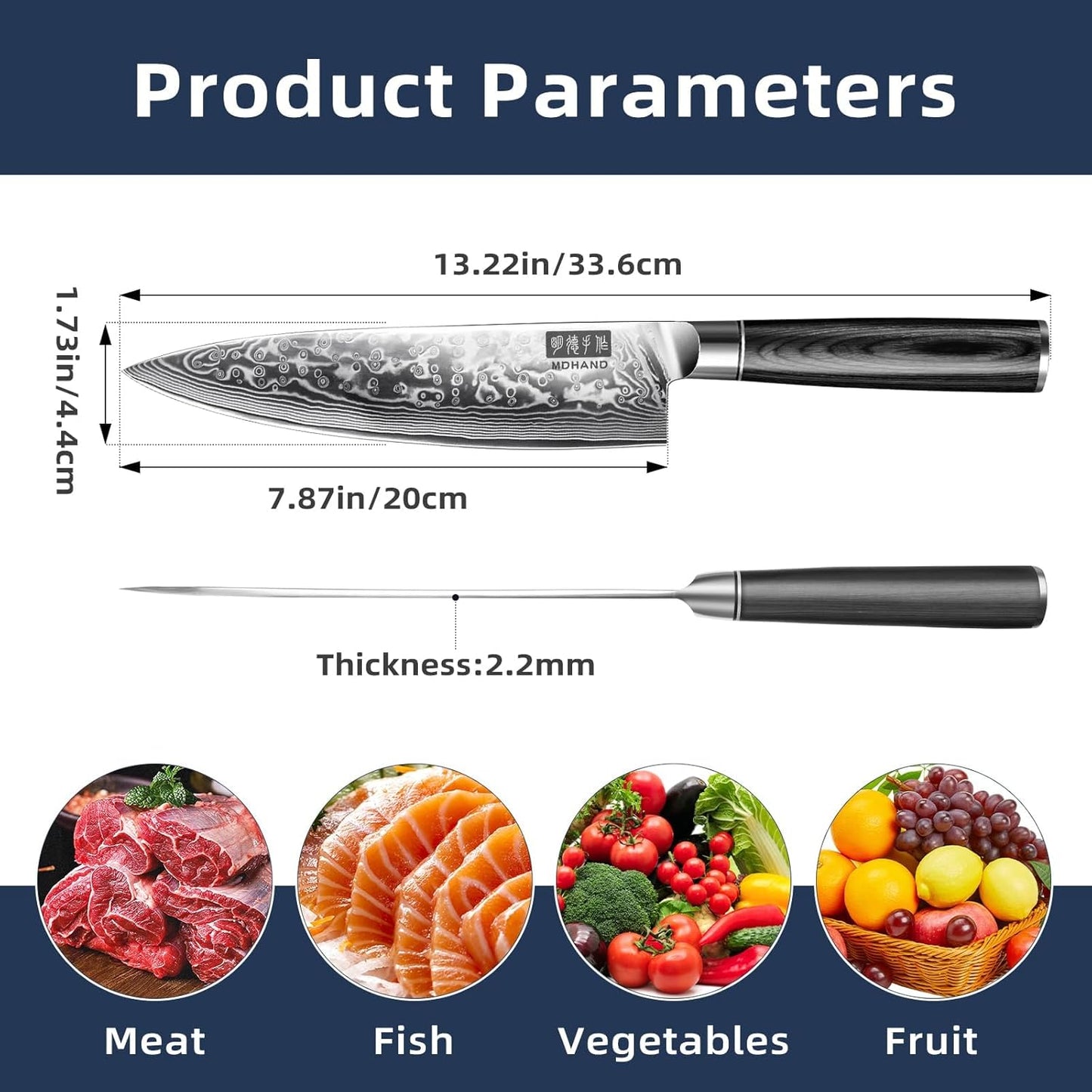 MDHAND Chef Knife 8 Inch, Professional Kitchen Knife, VG10 Steel Japanese Knife with Ergonomic Pakkawood Handle, Ultra Sharp Cooking Knives for Home Kitchen, Gifts for Men and Women