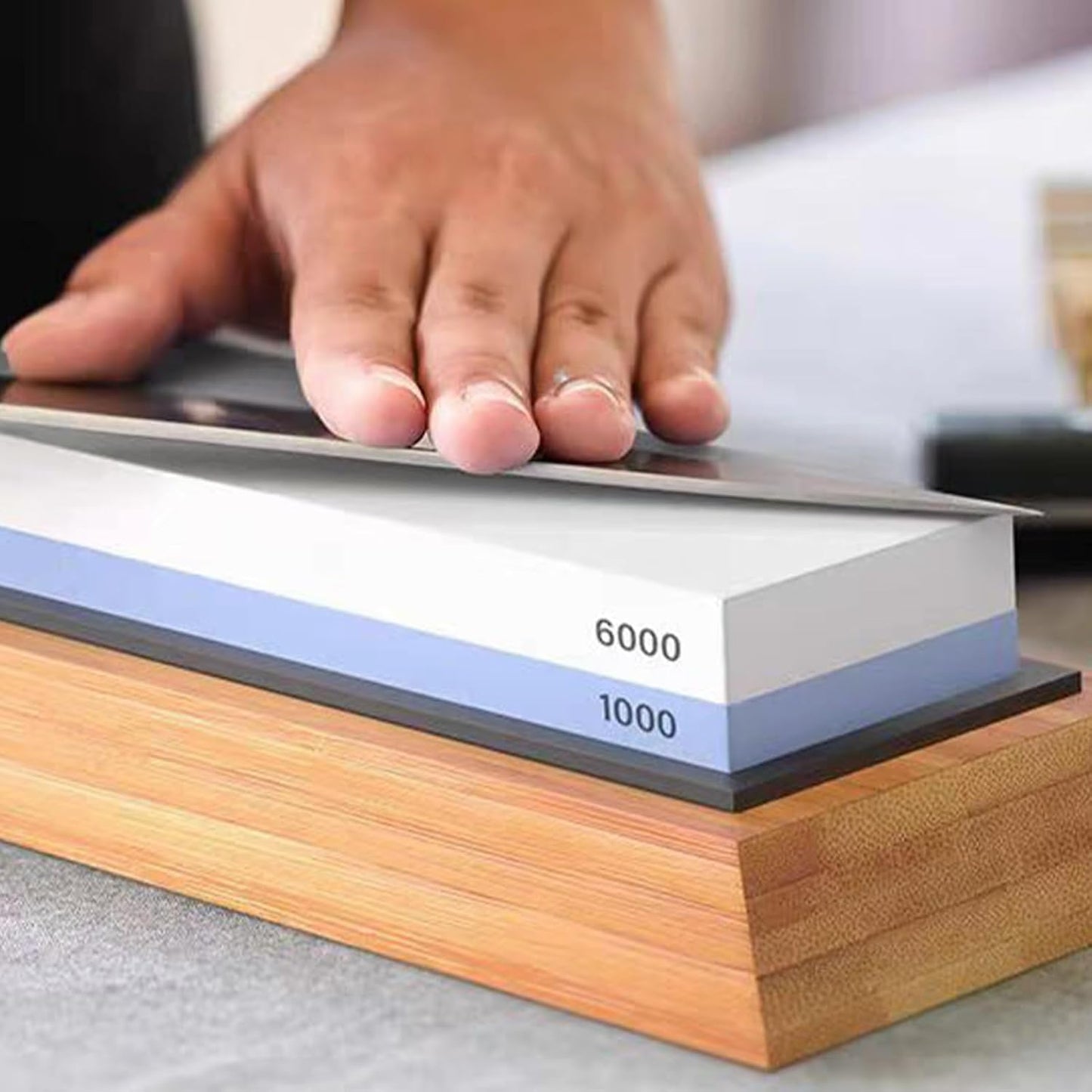 Whetstone Knife Sharpening Stone Kit 1000/6000 Grit Double Sided Kitchen Whetstone Knife Sharpener Wet Stones Flattening Stone with Non-Slip Silicon Bases, Bamboo Bases and Angle Guide