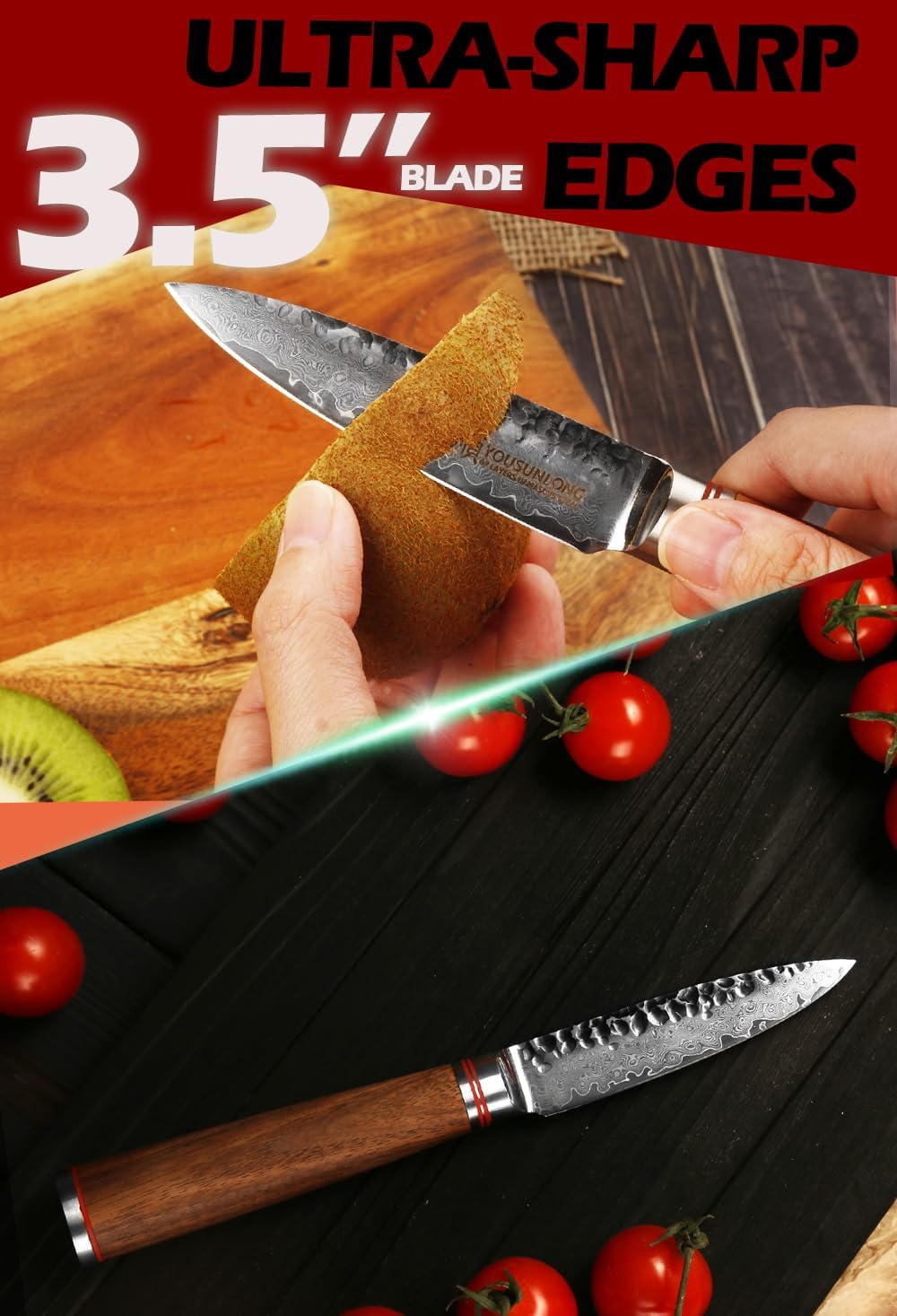 YOUSUNLONG Paring Knife 3.5 inch Peeling Knives Japanese 67 Layers Hammered Damascus Steel with Natural Leadwood Handle