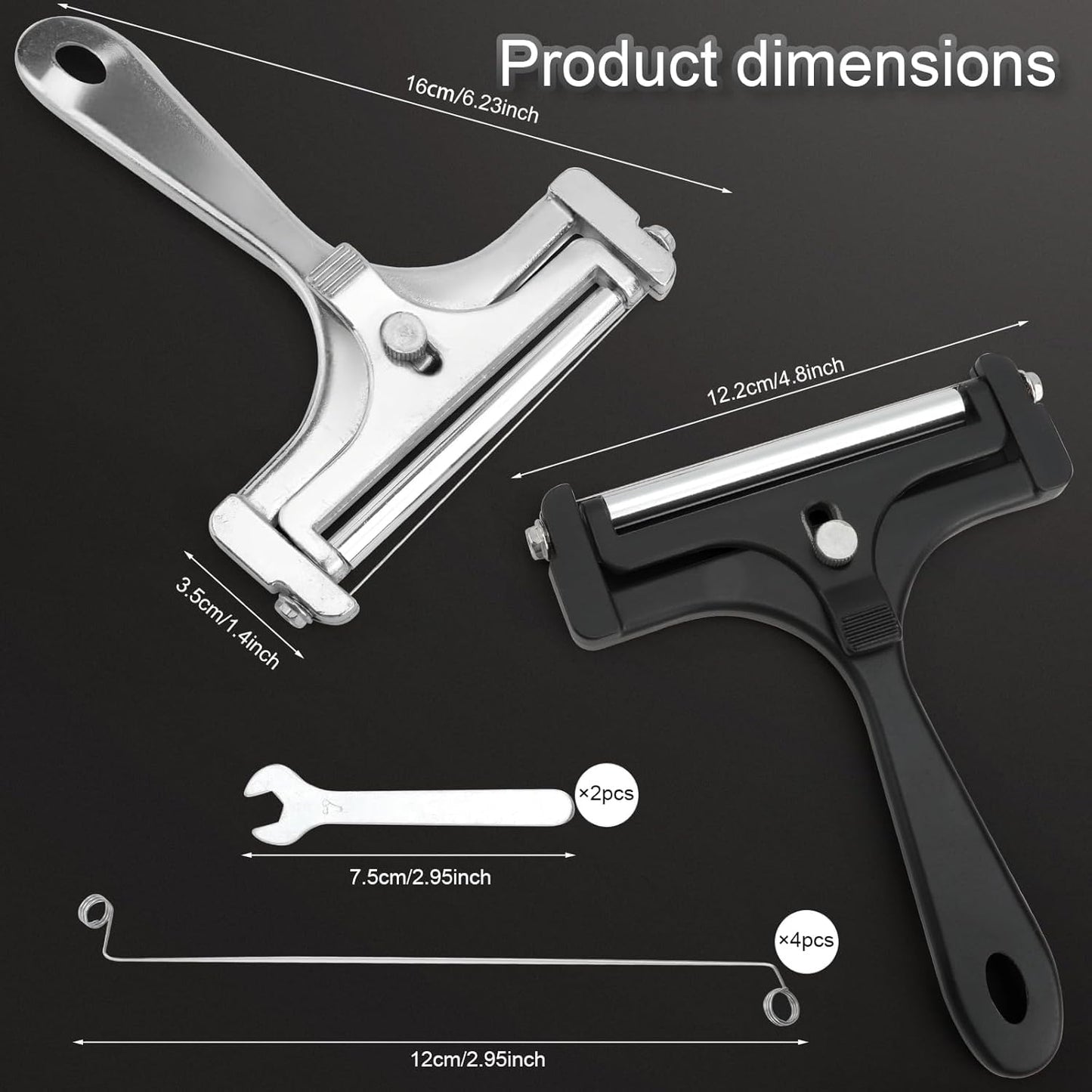 2PCS Wire Cheese Slicer, Stainless Steel Cutter with 4 Replacement Wires, Adjustable Thickness Shaver for Cheddar, Mozzarella, Ham and Fruit, Black