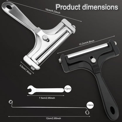 2PCS Wire Cheese Slicer, Stainless Steel Cutter with 4 Replacement Wires, Adjustable Thickness Shaver for Cheddar, Mozzarella, Ham and Fruit, Black