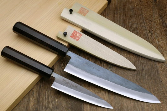 Yoshihiro Kurouchi Black-Forged Blue Steel Stainless Clad Gyuto Chefs Knife and Petty Utility Knife 2pc Set Ebony Handle (Gyuto 210mm & Petty 135mm)