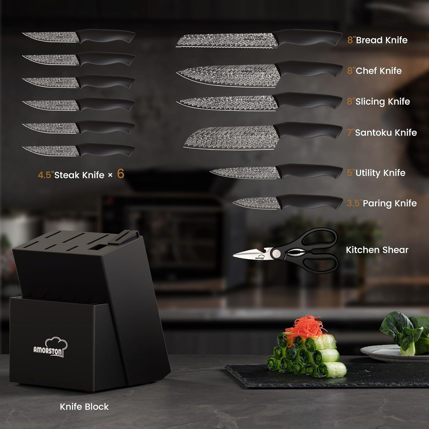 Amorston 15-Piece Kitchen Knife Set with Built-in Sharpener Block, German High-Carbon Stainless Steel Knives, Laser-Etched Blades, Dishwasher Safe, Ergonomic Handles, Elegant Gift for Modern Kitchens