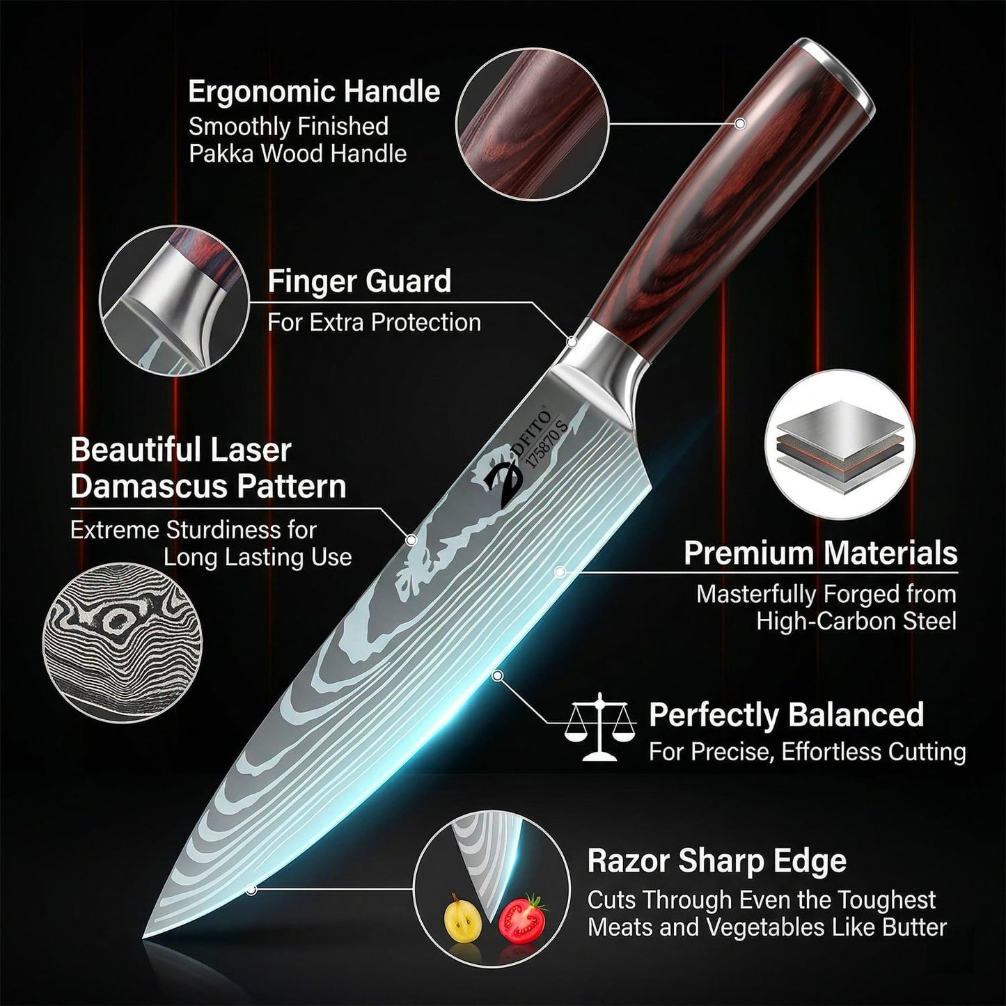 Dfito Kitchen Knife Set, 15 Pieces Knife Set with Block and Sharpener, High Carbon Stainless Steel Chef Knives Set with Red Pakkawood Handle for Home Cooking, Dishwasher Safe