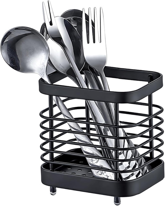 Kitchen Sink Utensil Holder of Drying Rack, Small Stainless Steel Cutlery Drainer Caddy,Spoon and fork organizer (Black)
