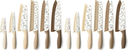 CAROTE 12PCS Knife Set, Kitchen Knife Set with 6 Blade Guards, Stainless Steel Knives Set With Nonstick Ceramic Coating, Rustproof, Delicate Floral Designs, White